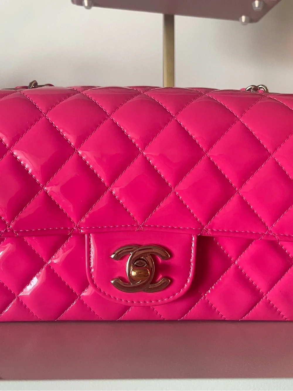 CHANEL Quilted Patent Flap Bag — Bright Pink with Gold Hardware